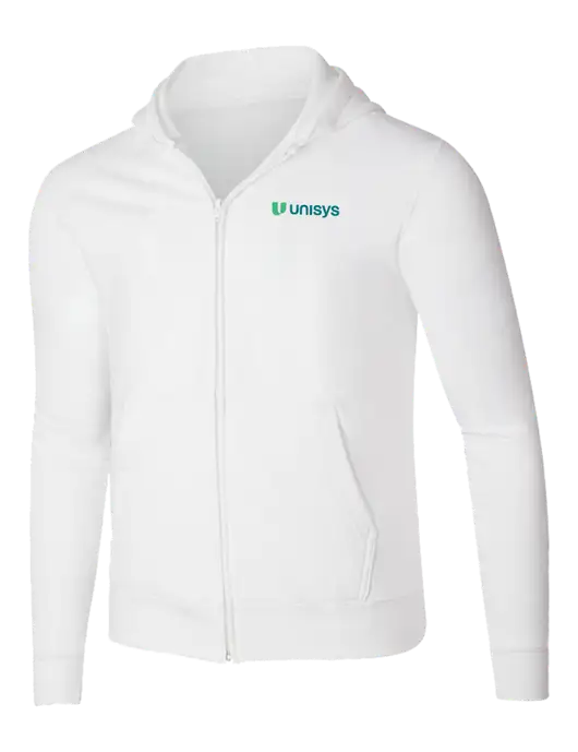 White 8.5 oz Ring Spun Zip Hooded Sweatshirt w/Unisys Logo