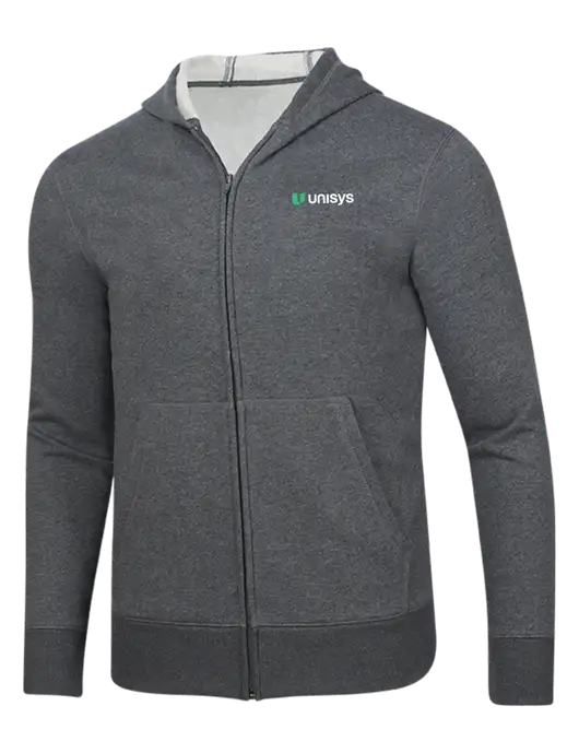 Full-Zip Dark Grey Heather Heavyweight Hooded Sweatshirt w/Unisys Logo