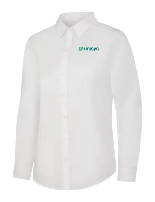 Womens White Long Sleeve Carefree Poplin Shirt w/Unisys Logo