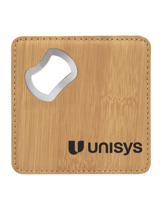 Bamboo Leatherette Coaster with Bottle Opener w/Unisys Logo