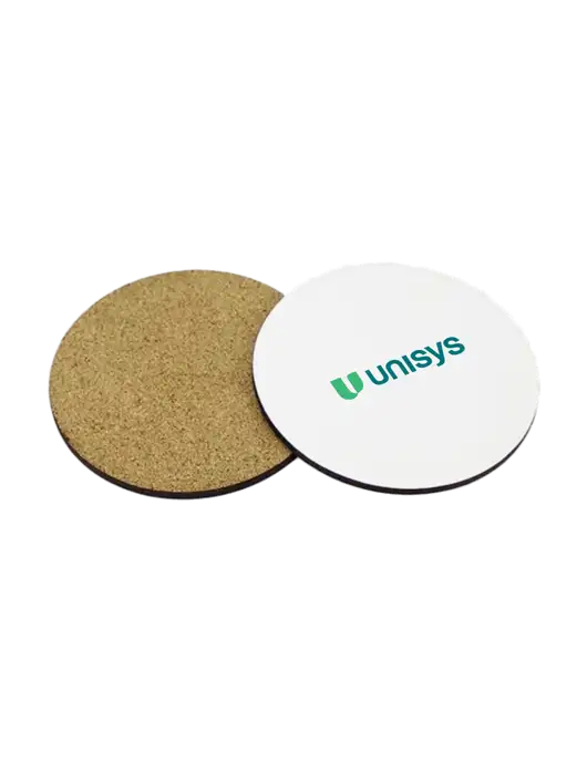 Gloss White Hardboard Round Coaster w/Cork Back, 3.75 w/Unisys Logo