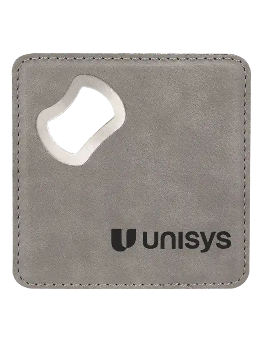 Grey Leatherette Coaster with Bottle Opener w/Unisys Logo
