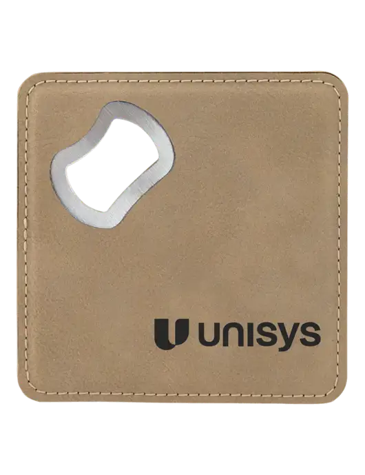 Tan Leatherette Bottle Opener Coaster w/Unisys Logo