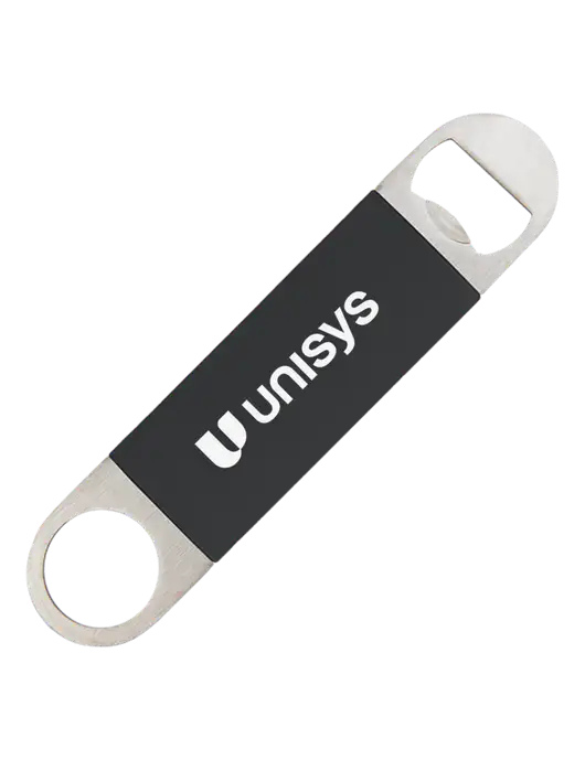 Black Bottle Opener with Silicone Grip w/Unisys Logo
