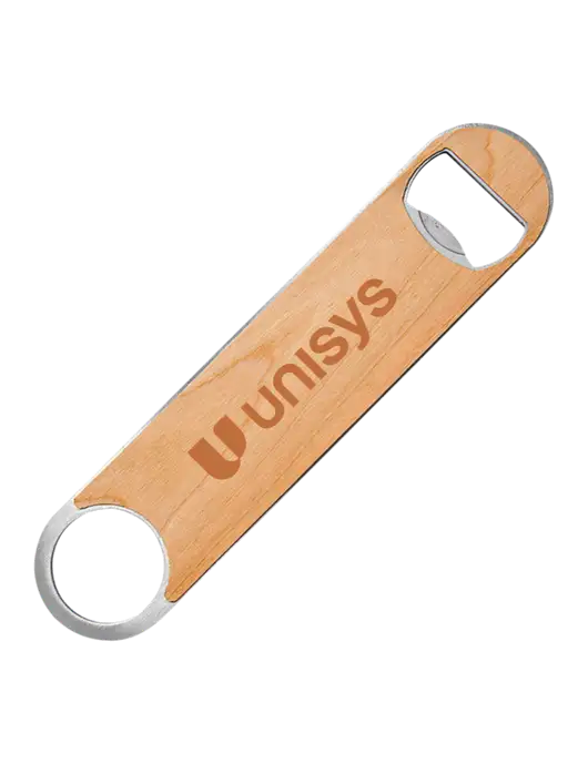 Bottle Opener w/Wood Veneer, 7 x 1.2 w/Unisys Logo