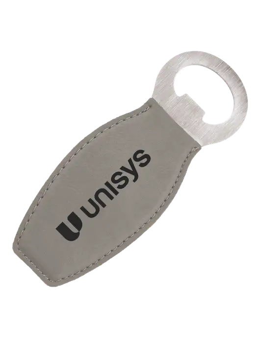 Grey Leatherette Bottle Opener with Magnet w/Unisys Logo