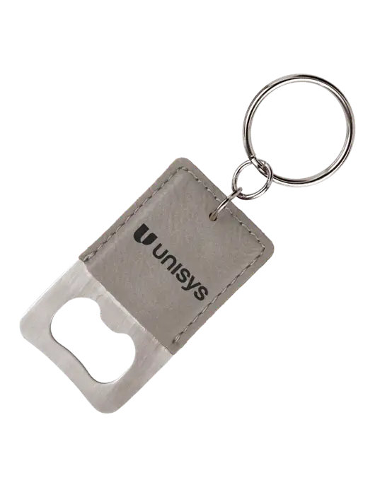 Grey Leatherette Rectangle Bottle Opener Keychain w/Unisys Logo