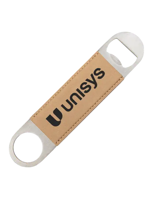 Tan Leatherette Bottle Opener w/Unisys Logo