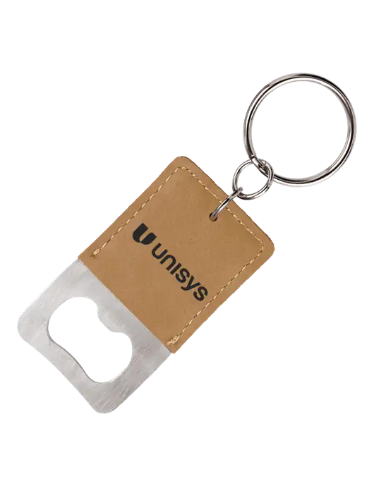 Tan Leatherette Rectangle Bottle Opener Keychain w/Unisys Logo
