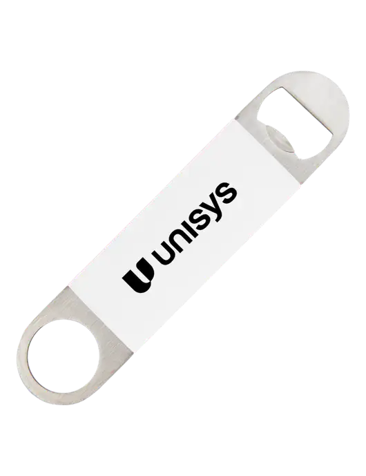 White Bottle Opener with Silicone Grip w/Unisys Logo