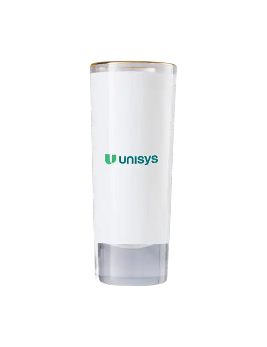 2.5 oz Shot Glass w/Gold Rim w/Unisys Logo