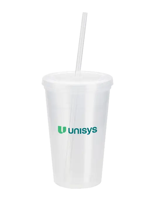 Sorrento Clear 16 oz Tumbler with Lid & Straw w/Unisys Logo