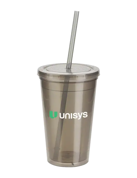 Sorrento Medium Grey 16 oz Tumbler with Lid & Straw w/Unisys Logo