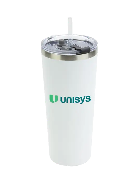 Brighton White 20 oz Insulated Tumbler & Straw w/Unisys Logo