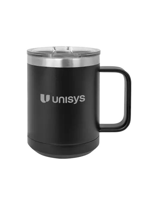 Polar Camel 15 oz Powder Coated Black Vacuum Insulated Mug with Slider Lid w/Unisys Logo