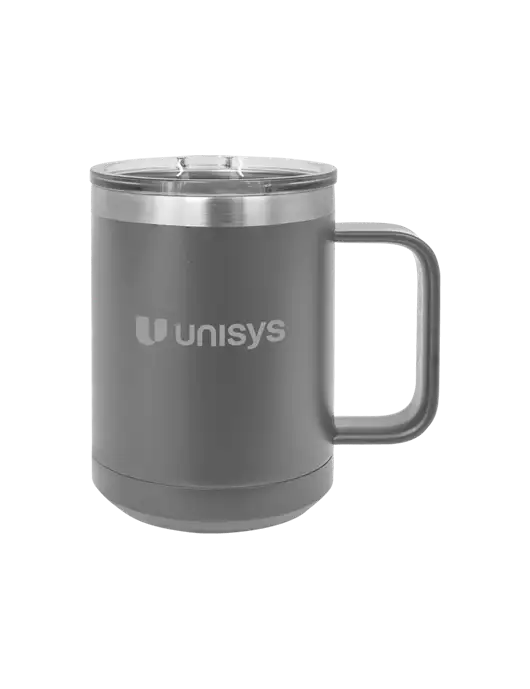 Polar Camel 15 oz Powder Coated Grey Vacuum Insulated Mug with Slider Lid w/Unisys Logo