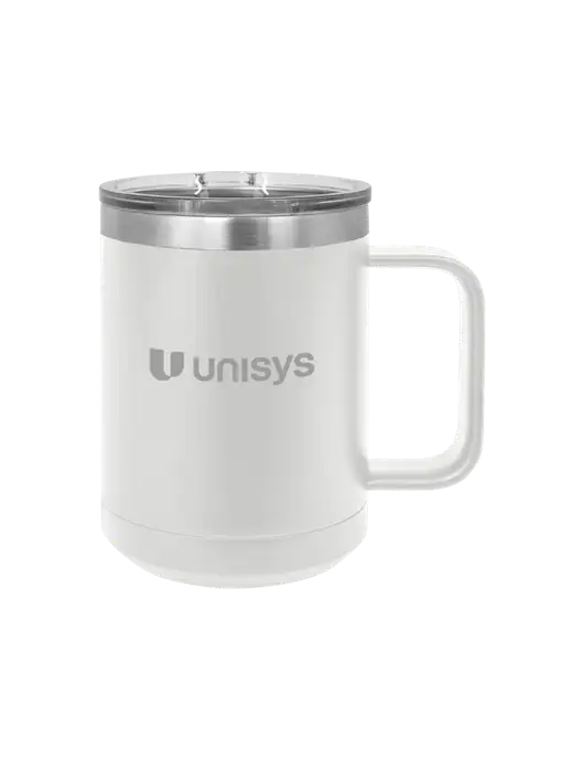Polar Camel 15 oz Powder Coated White Vacuum Insulated Mug with Slider Lid w/Unisys Logo
