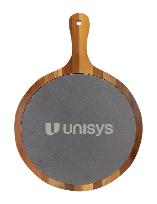Acacia Wood & Slate Round Cutting Board & Handle 10.5 x 14.5 w/Unisys Logo