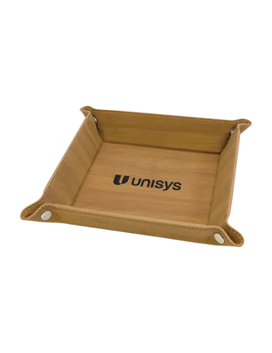 Bamboo Leatherette Valet Tray, 6 x 6 w/Unisys Logo