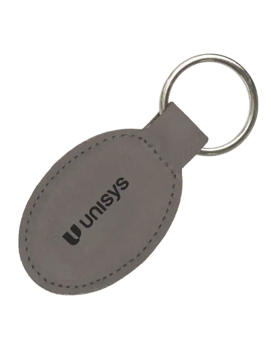 Grey Leatherette Oval Keychain w/Unisys Logo