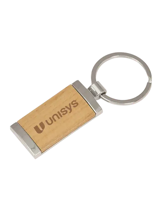 Wood & Silver Rectangle Keychain w/Unisys Logo