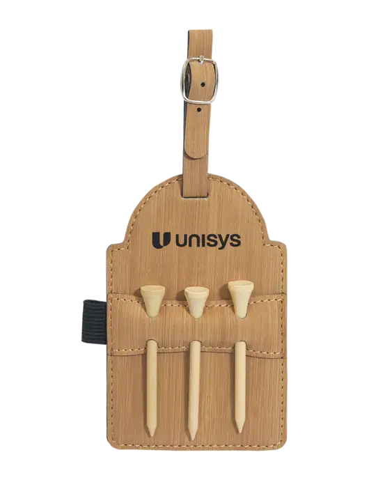 Bamboo Leatherette Golf Bag Tag with 3 Wooden Tees w/Unisys Logo