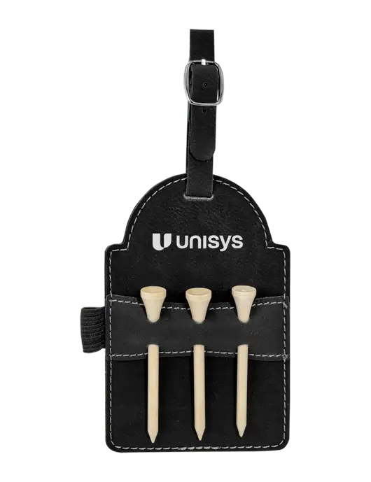 Black Leatherette Golf Bag Tag with 3 Wooden Tees w/Unisys Logo