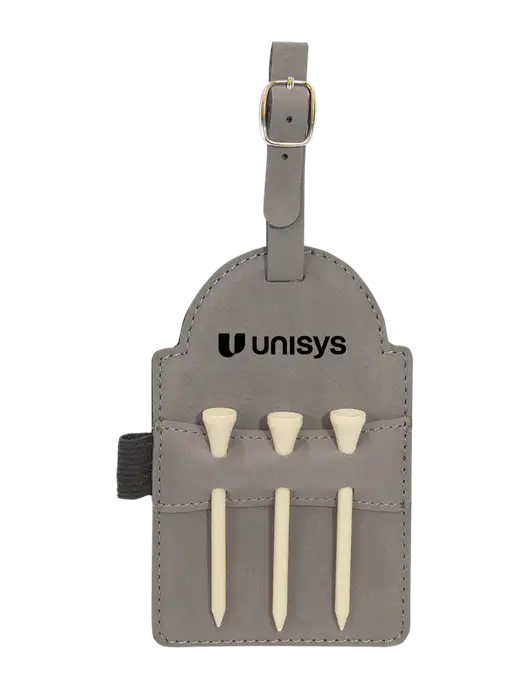 Grey Leatherette Golf Bag Tag with 3 Wooden Tees w/Unisys Logo