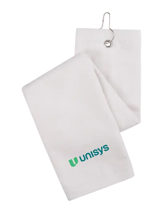 White Tri-Fold Golf Towel with Grommet w/Unisys Logo