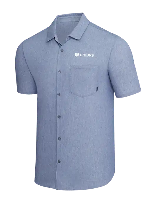 OGIO Slate Blue Heather Extend Short Sleeve Button Up Shirt w/Unisys Logo