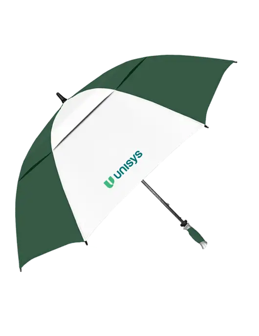 Dark Green/White Vented Typhoon Tamer Golf Umbrella w/Unisys Logo